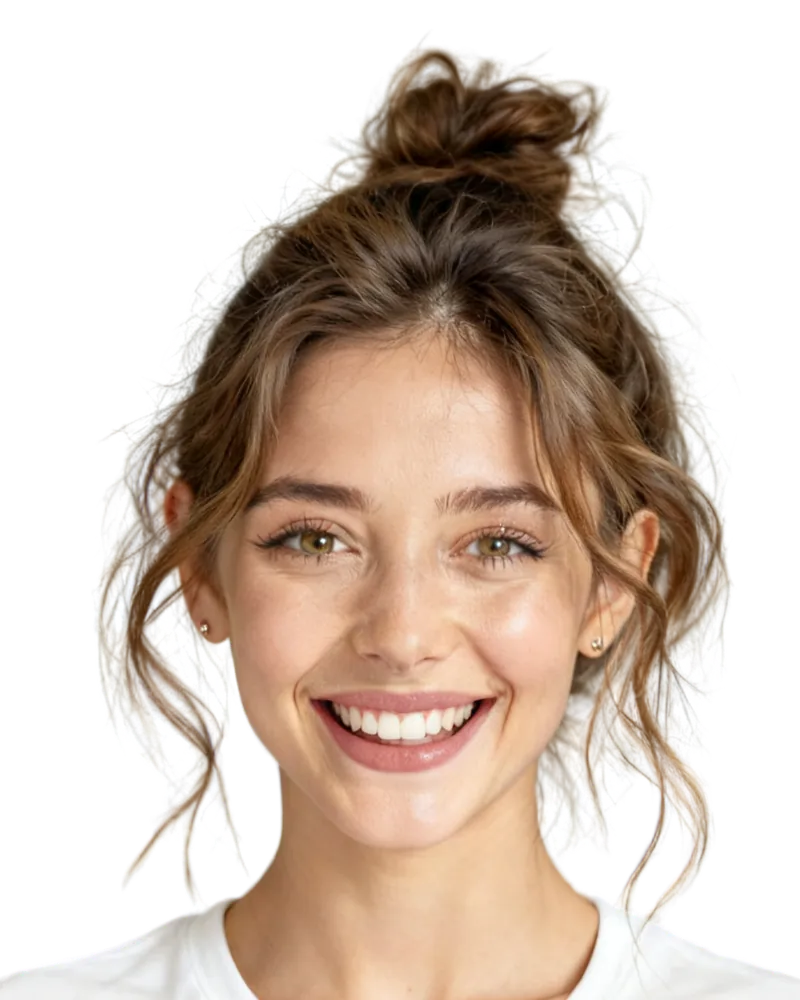 Image générée par IA : Ava, personnage fictif, au grand sourire amusé.