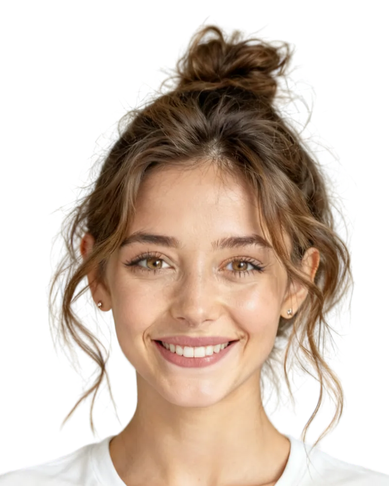 Image générée par IA : Ava, personnage fictif, au sourire chaleureux.