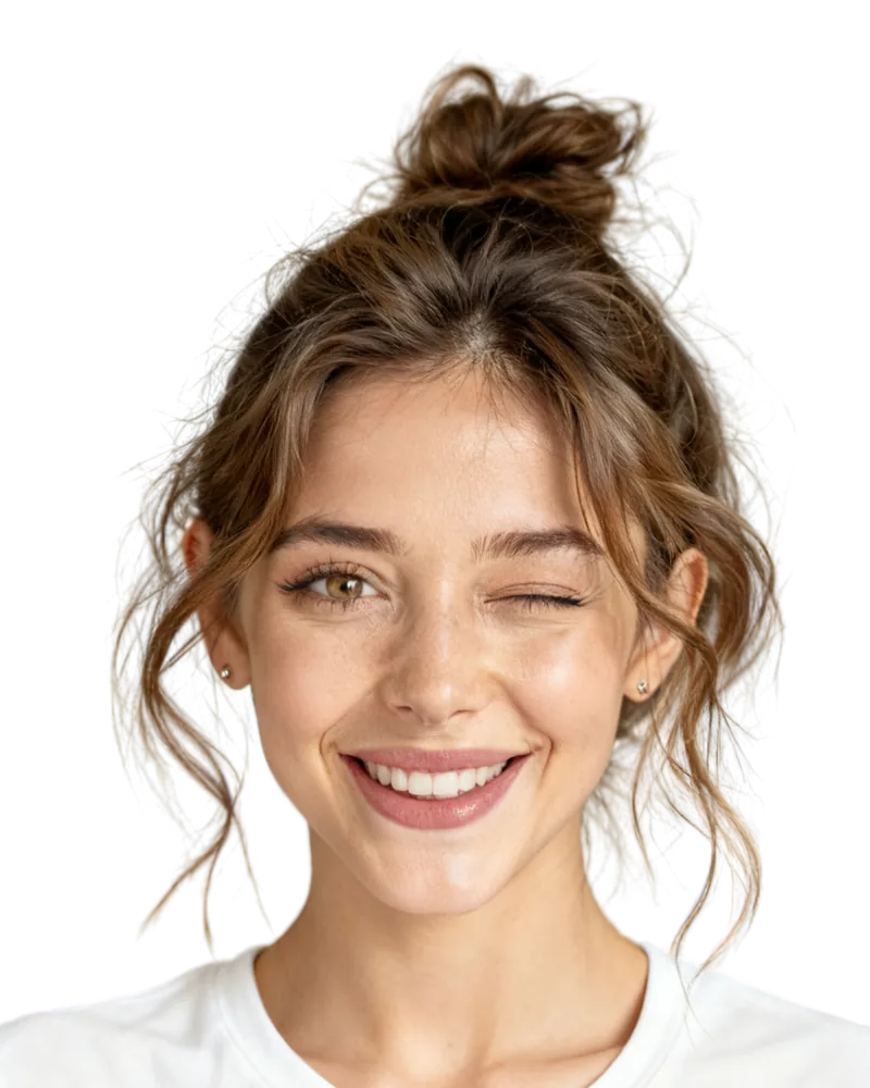Image générée par IA : Ava, personnage fictif, qui fait un clin d'œil.